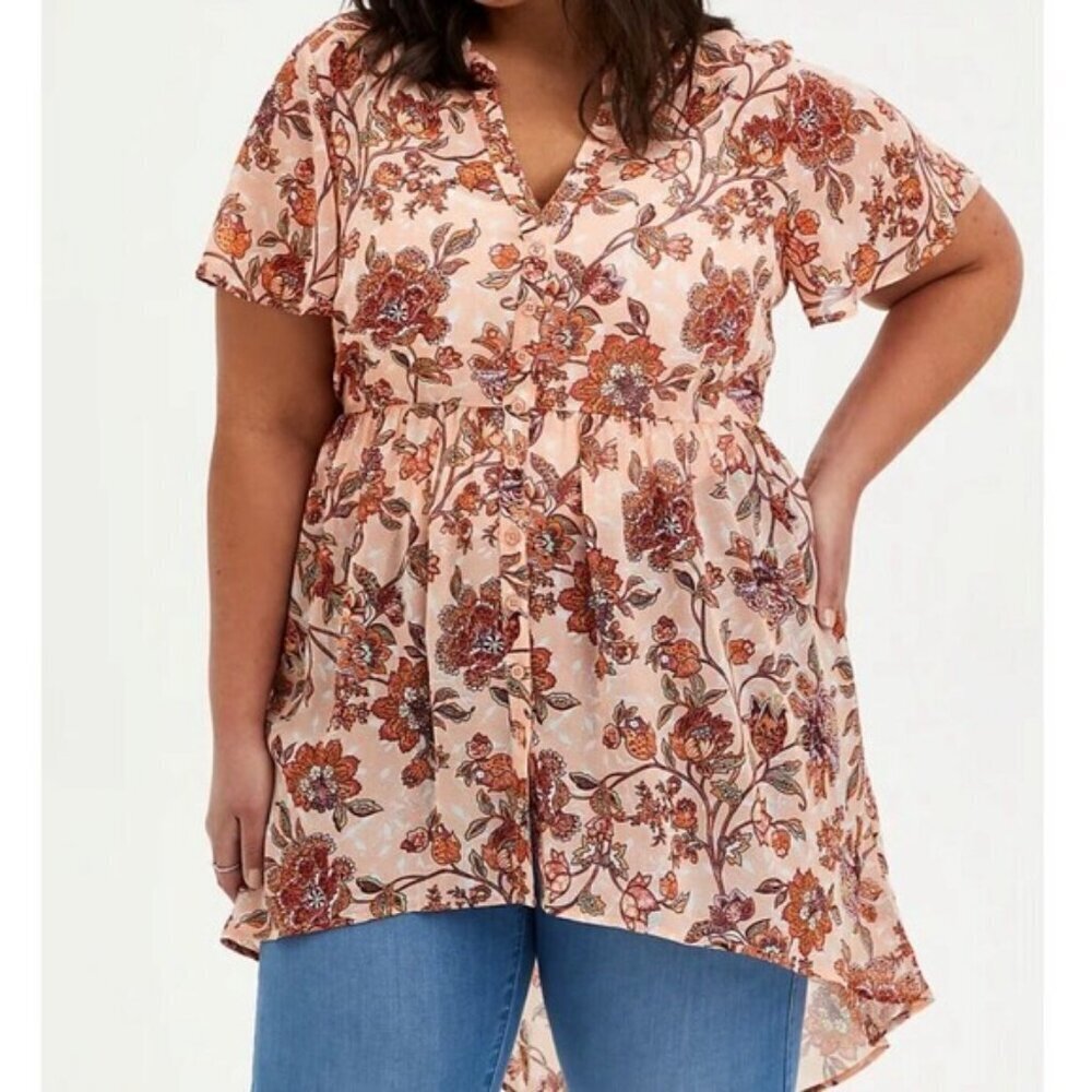 Torrid Lexie Blouse Babydoll Chiffon Tunic Floral Hi Lo Pink Brown Womens Size 2